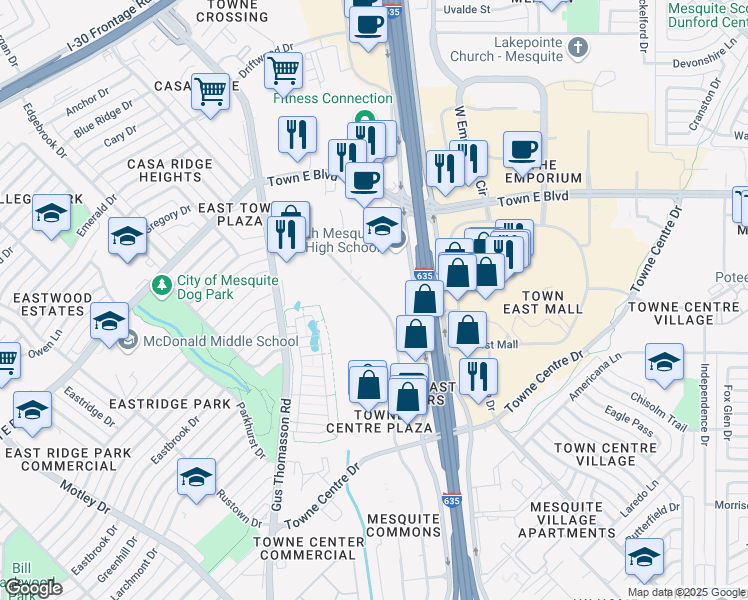 map of restaurants, bars, coffee shops, grocery stores, and more near North Mesquite Drive in Mesquite