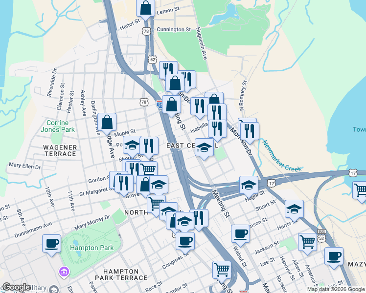 map of restaurants, bars, coffee shops, grocery stores, and more near 90 Romney Street in Charleston
