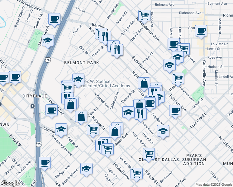 map of restaurants, bars, coffee shops, grocery stores, and more near 2102 Annex Avenue in Dallas