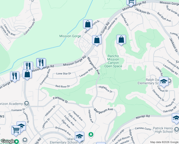 map of restaurants, bars, coffee shops, grocery stores, and more near 5865 Laramie Way in San Diego