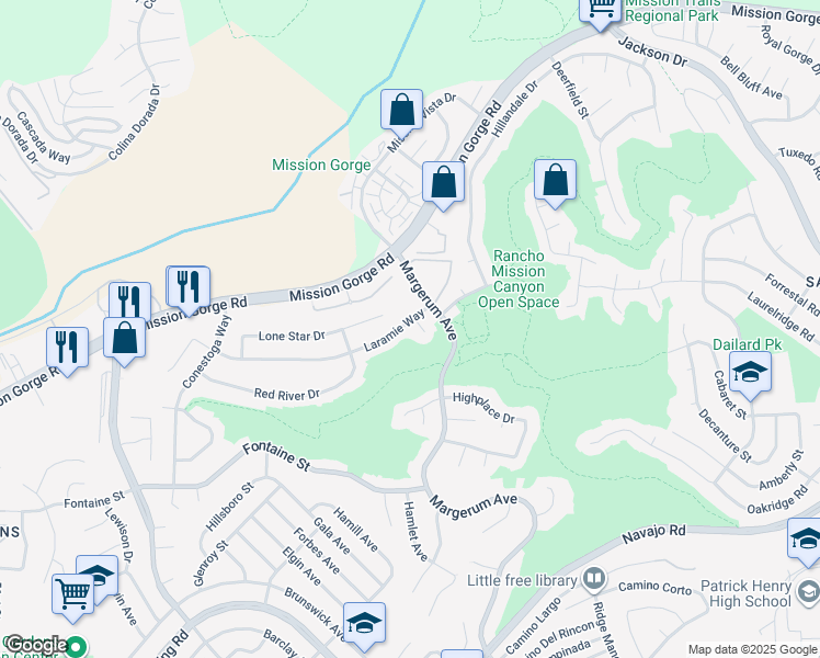 map of restaurants, bars, coffee shops, grocery stores, and more near 5885 Laramie Way in San Diego