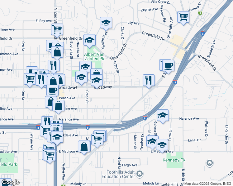 map of restaurants, bars, coffee shops, grocery stores, and more near 1474 Peach Avenue in El Cajon