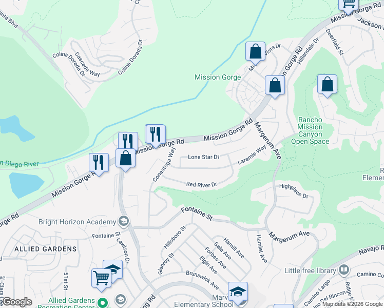 map of restaurants, bars, coffee shops, grocery stores, and more near 5537 Lone Star Drive in San Diego