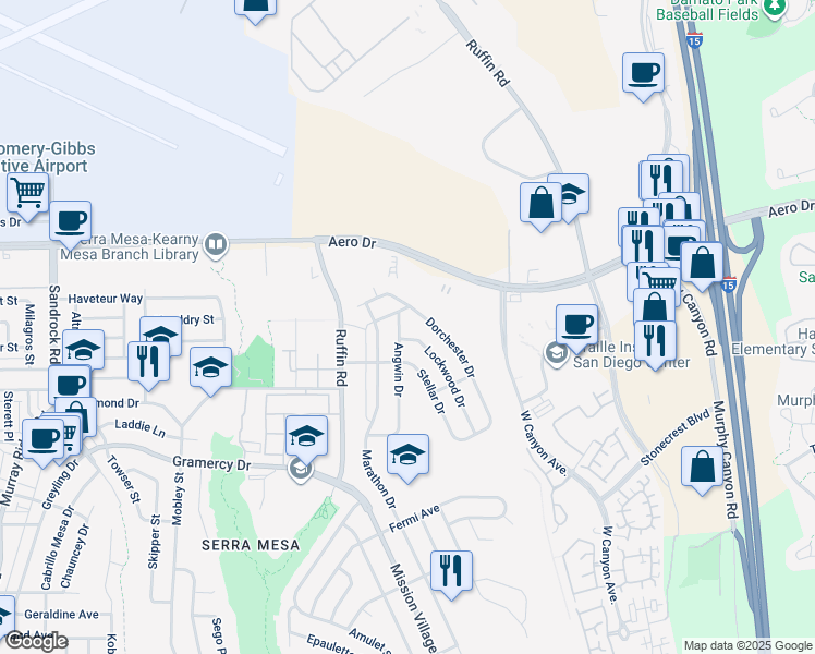 map of restaurants, bars, coffee shops, grocery stores, and more near 3472 Lockwood Drive in San Diego