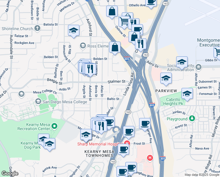 map of restaurants, bars, coffee shops, grocery stores, and more near 7695 Stalmer Street in San Diego