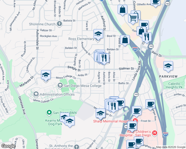 map of restaurants, bars, coffee shops, grocery stores, and more near 3436 Armstrong Street in San Diego