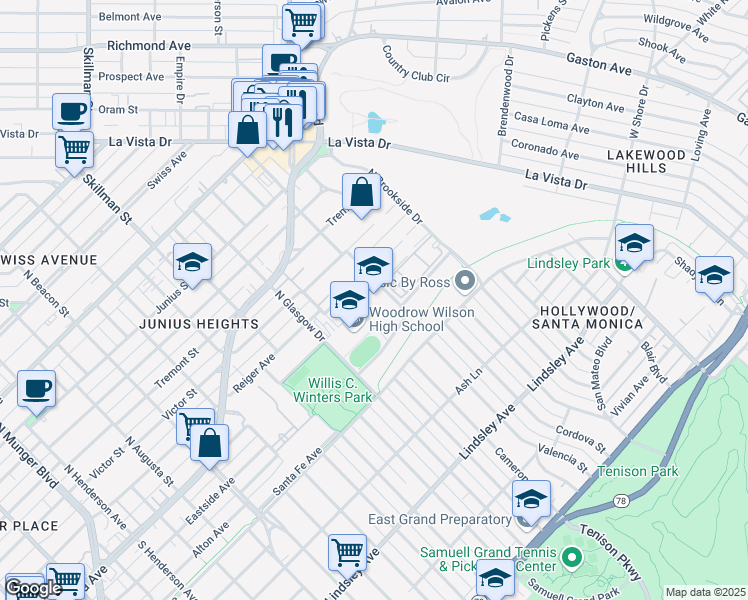 map of restaurants, bars, coffee shops, grocery stores, and more near 6411 Covington Lane in Dallas