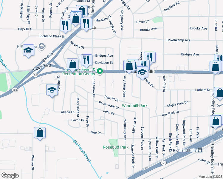 map of restaurants, bars, coffee shops, grocery stores, and more near 3126 Matthews Drive in Richland Hills