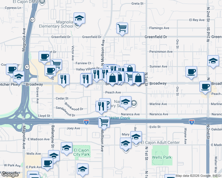 map of restaurants, bars, coffee shops, grocery stores, and more near 930 Peach Avenue in El Cajon