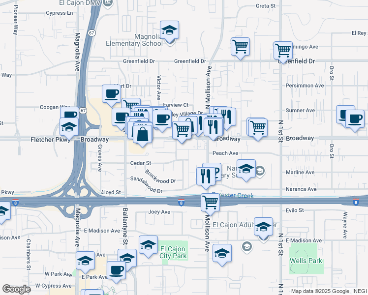 map of restaurants, bars, coffee shops, grocery stores, and more near 853 Cherrywood Way in El Cajon