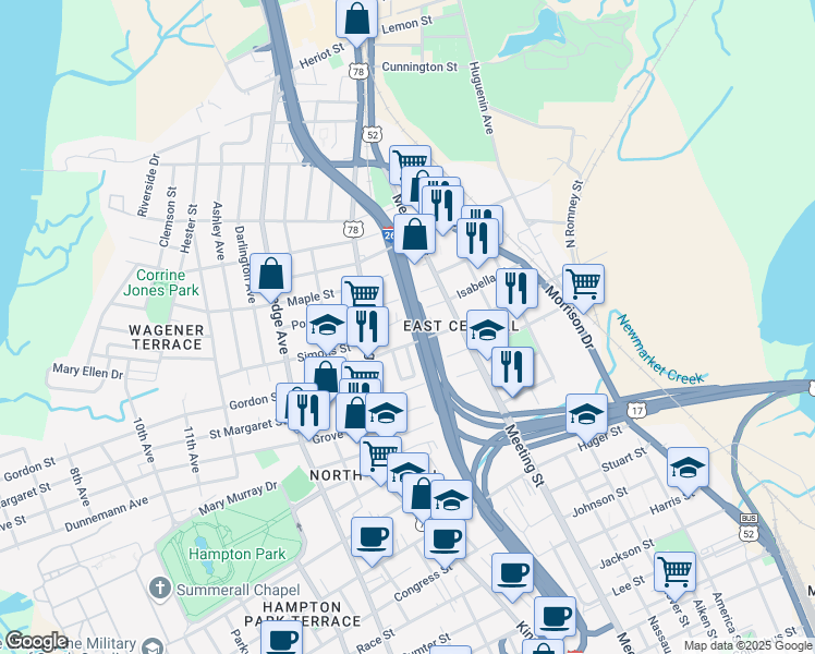 map of restaurants, bars, coffee shops, grocery stores, and more near 130 Romney Street in Charleston