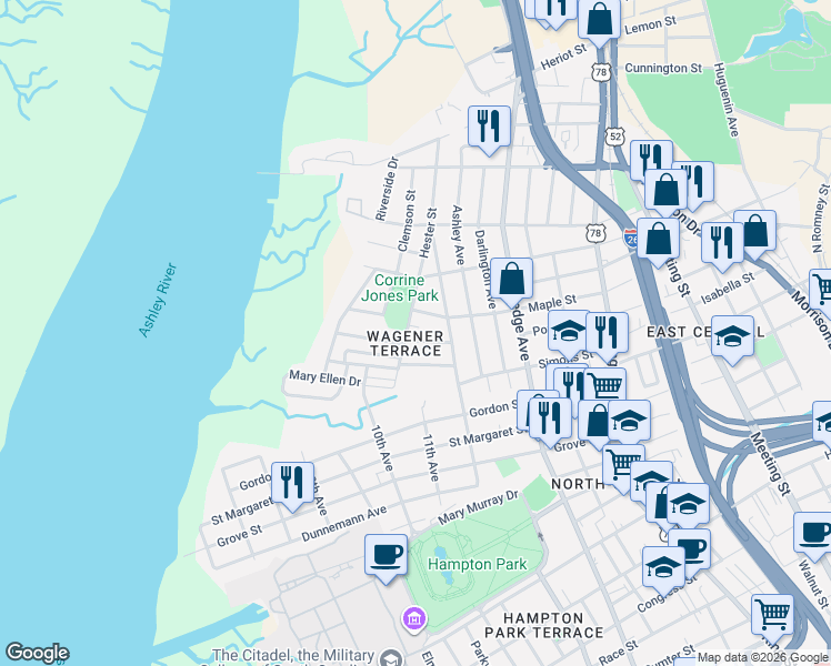 map of restaurants, bars, coffee shops, grocery stores, and more near in Charleston