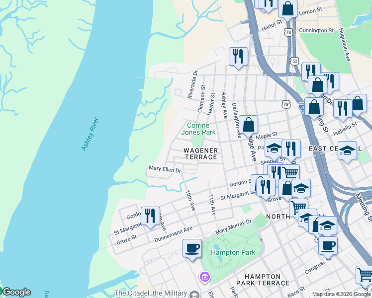 map of restaurants, bars, coffee shops, grocery stores, and more near 240 West Poplar Street in Charleston