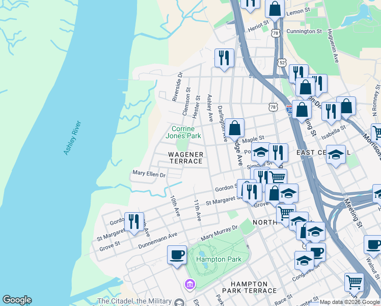 map of restaurants, bars, coffee shops, grocery stores, and more near 21 Hester Street in Charleston