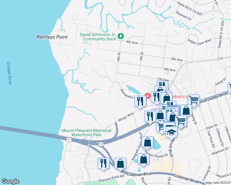 map of restaurants, bars, coffee shops, grocery stores, and more near 266 Alexandra Drive in Mount Pleasant
