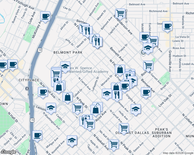 map of restaurants, bars, coffee shops, grocery stores, and more near 2102 Annex Avenue in Dallas