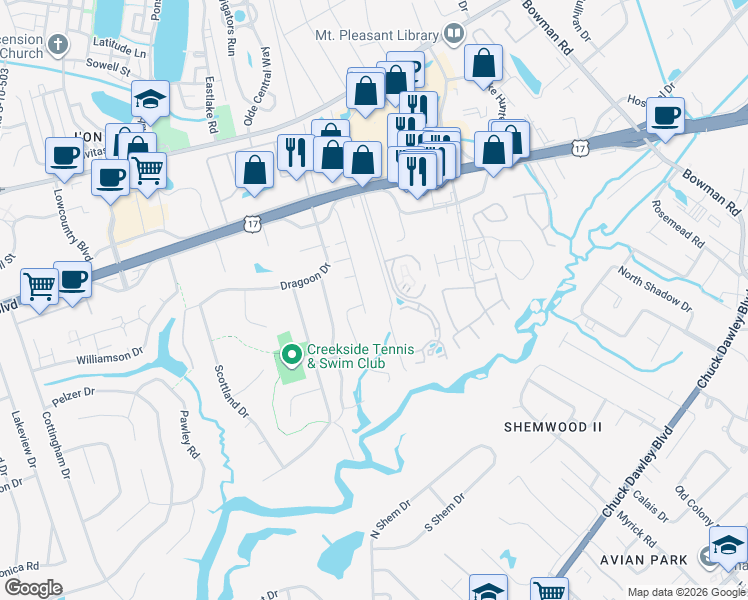 map of restaurants, bars, coffee shops, grocery stores, and more near 970 Pine Hollow Road in Mount Pleasant