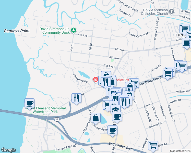 map of restaurants, bars, coffee shops, grocery stores, and more near 262 Alexandra Drive in Mount Pleasant