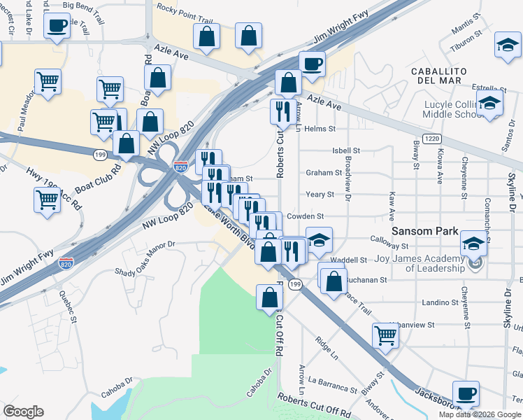 map of restaurants, bars, coffee shops, grocery stores, and more near 6012 Cowden Street in Fort Worth