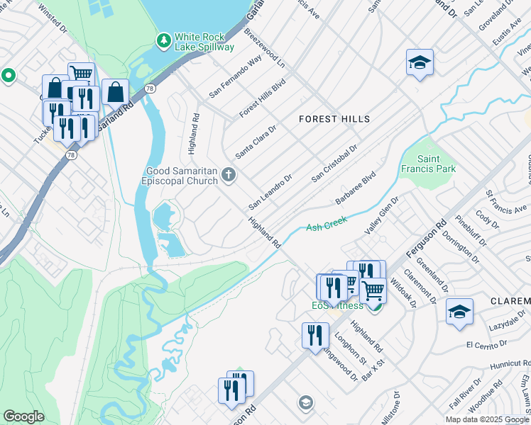 map of restaurants, bars, coffee shops, grocery stores, and more near 8012 San Cristobal Drive in Dallas