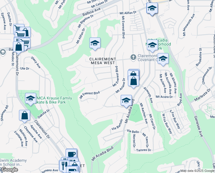 map of restaurants, bars, coffee shops, grocery stores, and more near 3555 Mount Everest Boulevard in San Diego