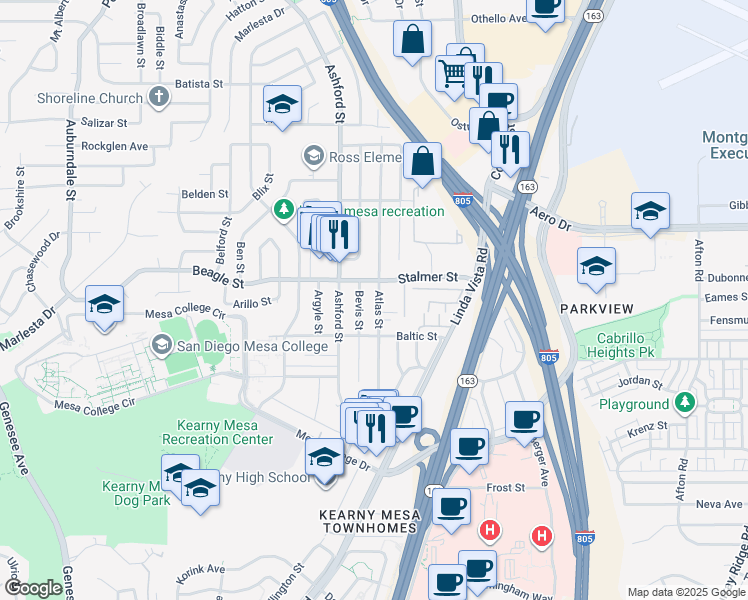 map of restaurants, bars, coffee shops, grocery stores, and more near 3460 Atlas Street in San Diego