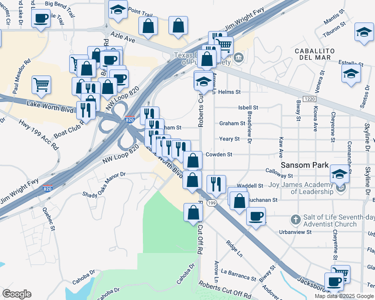map of restaurants, bars, coffee shops, grocery stores, and more near 6012 Cowden Street in Fort Worth