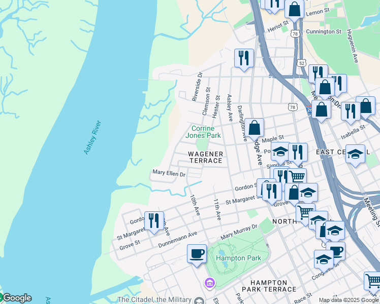 map of restaurants, bars, coffee shops, grocery stores, and more near 243 West Poplar Street in Charleston