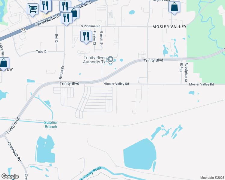 map of restaurants, bars, coffee shops, grocery stores, and more near 11223 Loblolly Lane in Euless