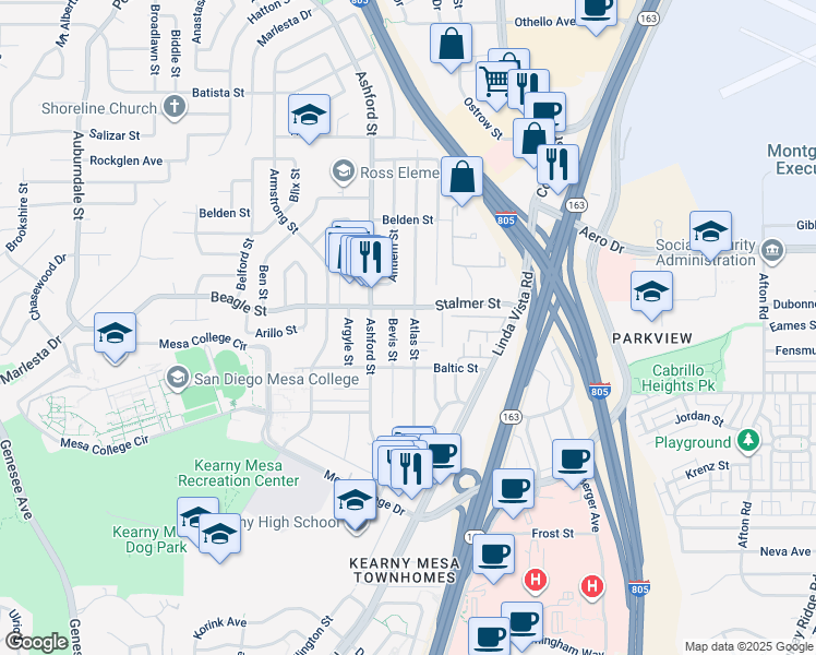 map of restaurants, bars, coffee shops, grocery stores, and more near 3460 Atlas Street in San Diego