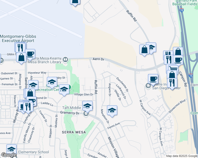 map of restaurants, bars, coffee shops, grocery stores, and more near 3551 Ruffin Road in San Diego