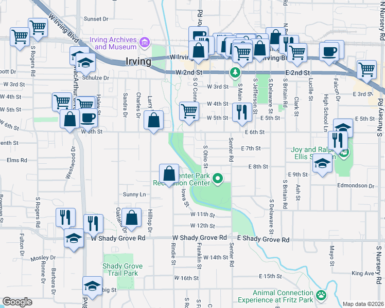 map of restaurants, bars, coffee shops, grocery stores, and more near 748 Patriot Lane in Irving