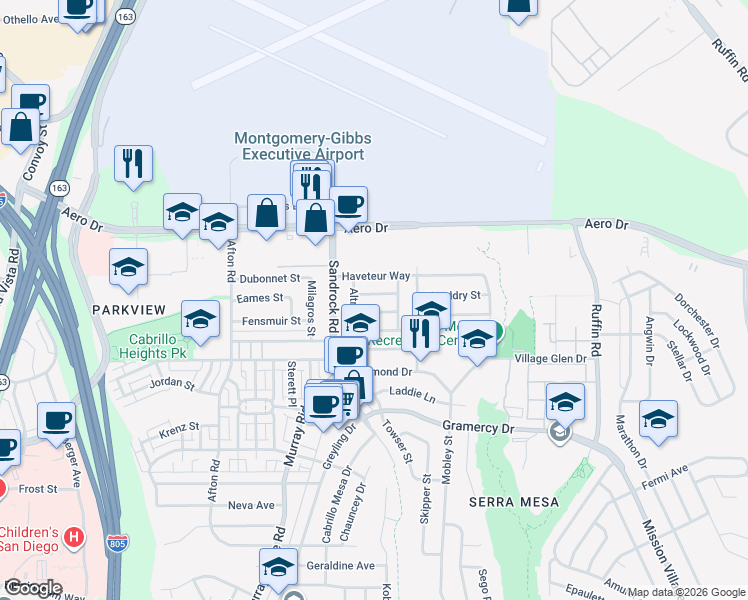 map of restaurants, bars, coffee shops, grocery stores, and more near 8851 Sovereign Road in San Diego
