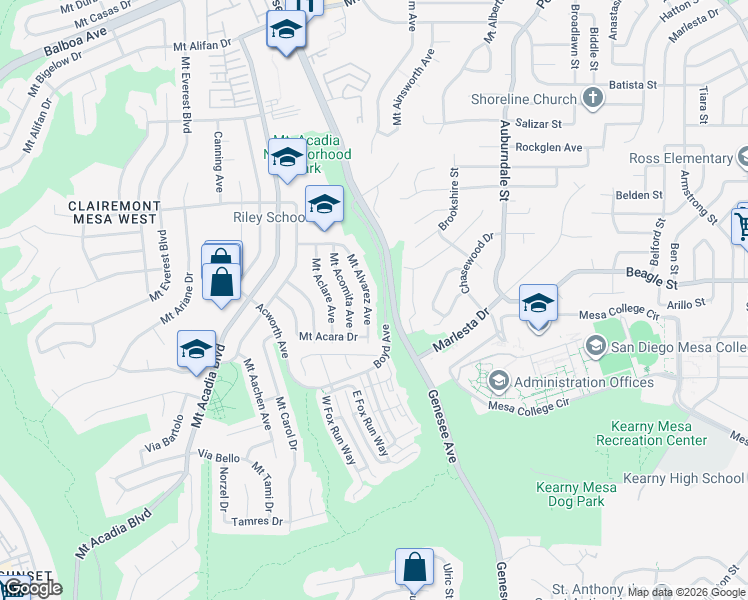 map of restaurants, bars, coffee shops, grocery stores, and more near 3531 Mount Alvarez Avenue in San Diego