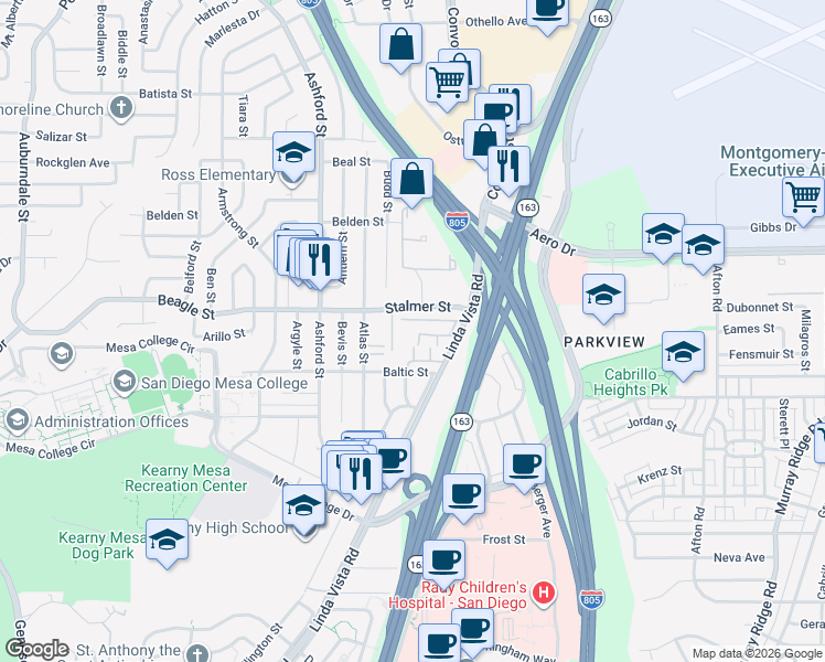 map of restaurants, bars, coffee shops, grocery stores, and more near 7890 Linda Vista Road in San Diego