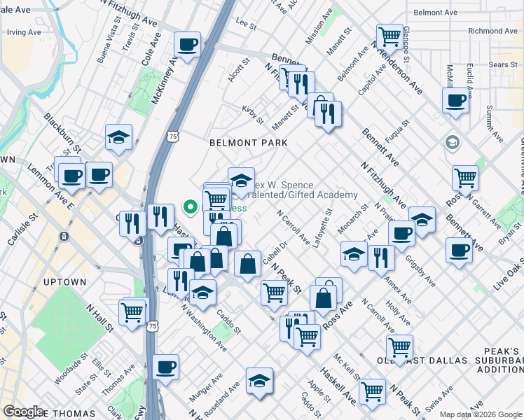 map of restaurants, bars, coffee shops, grocery stores, and more near 4407 Deere Street in Dallas