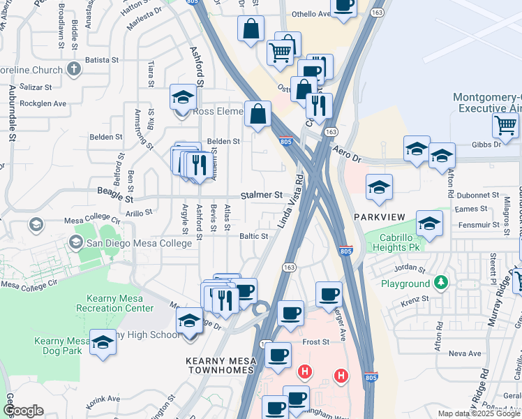 map of restaurants, bars, coffee shops, grocery stores, and more near 7890 Linda Vista Road in San Diego