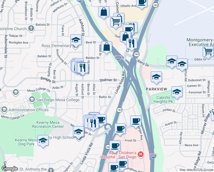 map of restaurants, bars, coffee shops, grocery stores, and more near 7890 Linda Vista Road in San Diego