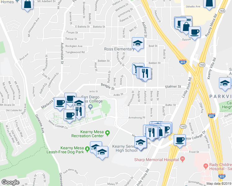map of restaurants, bars, coffee shops, grocery stores, and more near 7265 Arillo Street in San Diego