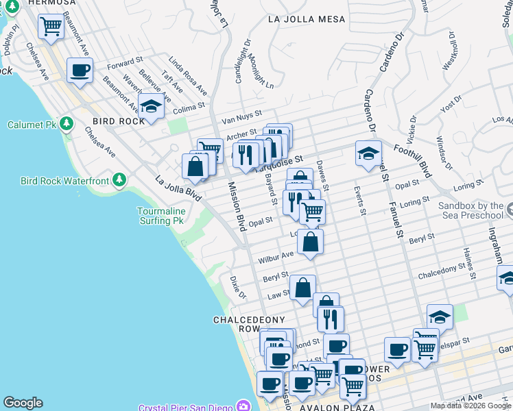map of restaurants, bars, coffee shops, grocery stores, and more near 5061 Mission Boulevard in San Diego