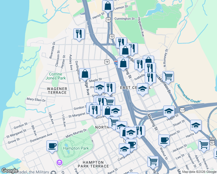 map of restaurants, bars, coffee shops, grocery stores, and more near 48 Simons Street in Charleston