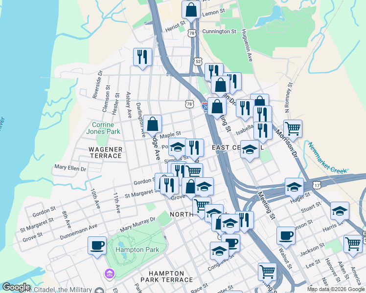 map of restaurants, bars, coffee shops, grocery stores, and more near 48 Simons Street in Charleston