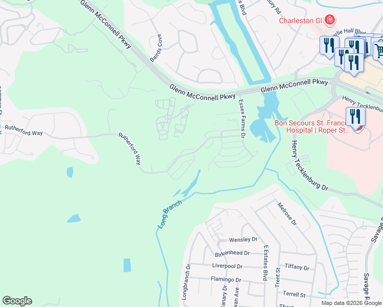 map of restaurants, bars, coffee shops, grocery stores, and more near 2607 Rutherford Way in Charleston