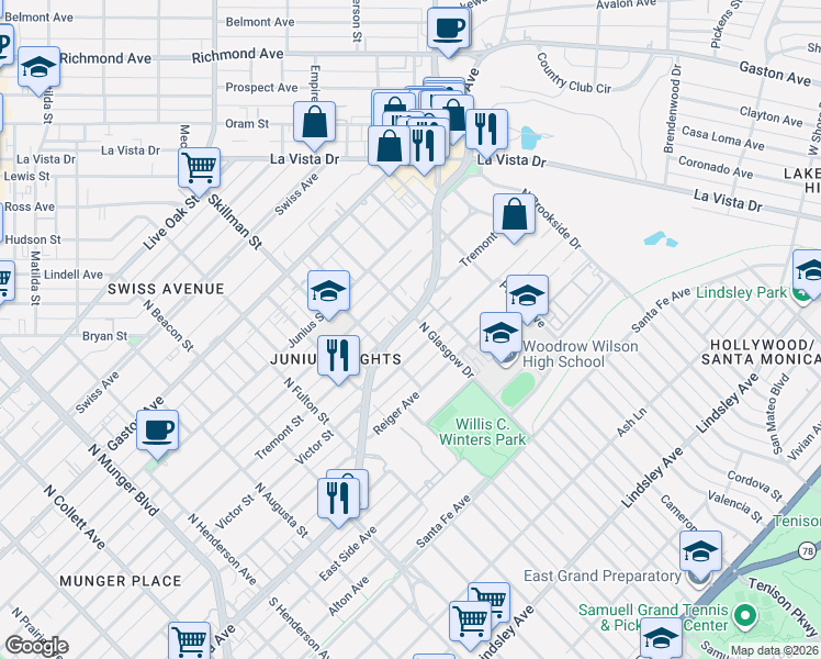 map of restaurants, bars, coffee shops, grocery stores, and more near 1510 Abrams Road in Dallas
