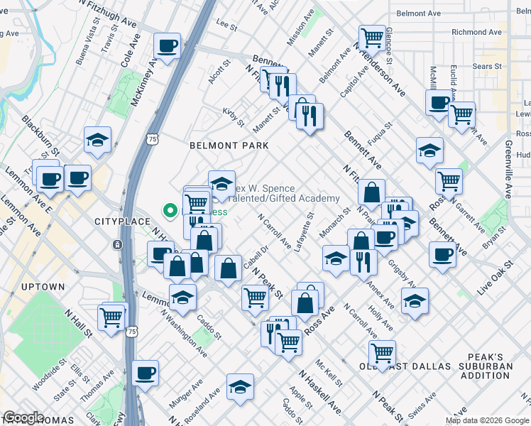 map of restaurants, bars, coffee shops, grocery stores, and more near 2218 North Carroll Avenue in Dallas