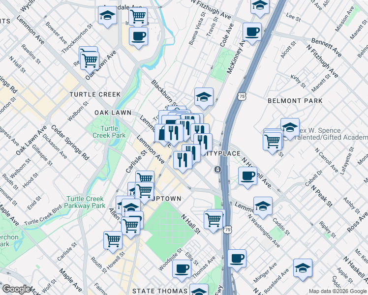 map of restaurants, bars, coffee shops, grocery stores, and more near 2901 Cityplace West Boulevard in Dallas