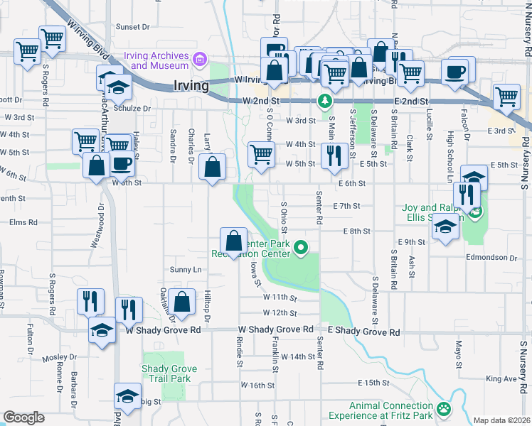 map of restaurants, bars, coffee shops, grocery stores, and more near 748 Patriot Lane in Irving