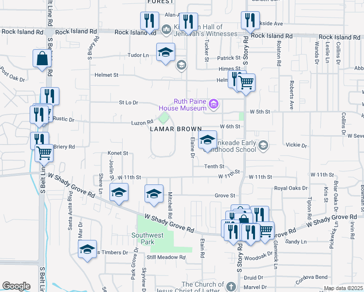 map of restaurants, bars, coffee shops, grocery stores, and more near 632e East Arawe Circle in Irving