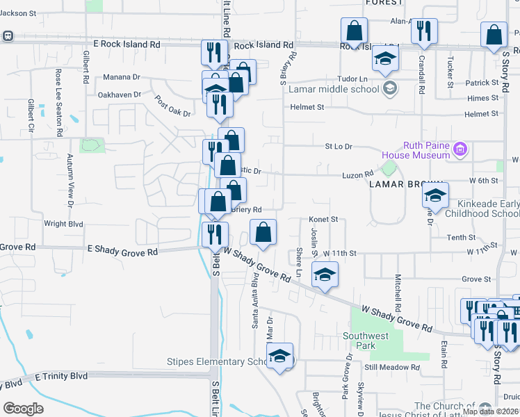 map of restaurants, bars, coffee shops, grocery stores, and more near 3320 South Briery Road in Irving