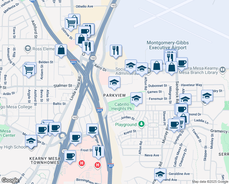 map of restaurants, bars, coffee shops, grocery stores, and more near 3540 Aero Court in San Diego